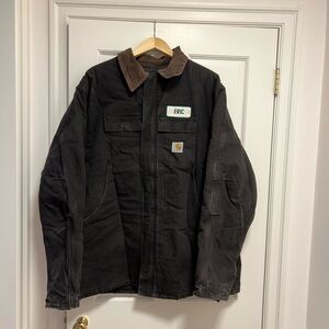 Vintage XXL Carhartt Black Work Jacket with Brown Corduroy Collar